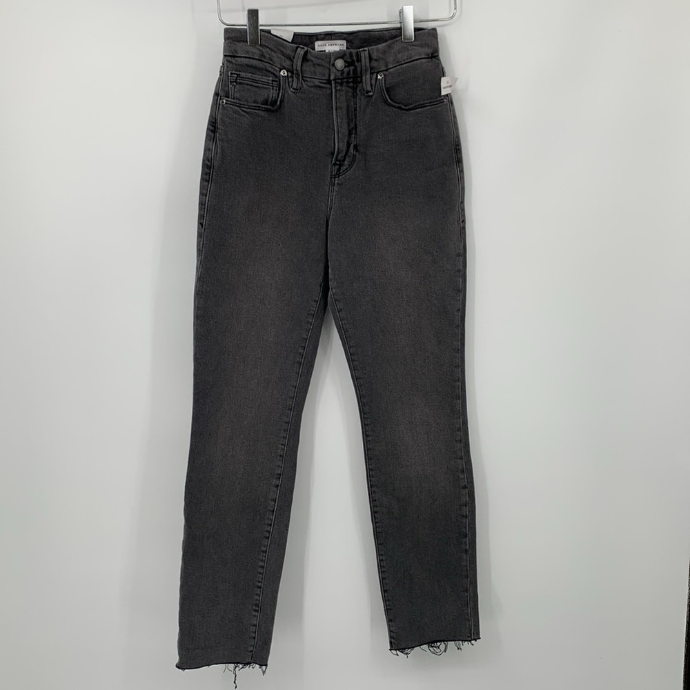 Good American Classic jeans faded black gray raw hem ankle distressing new 26 2